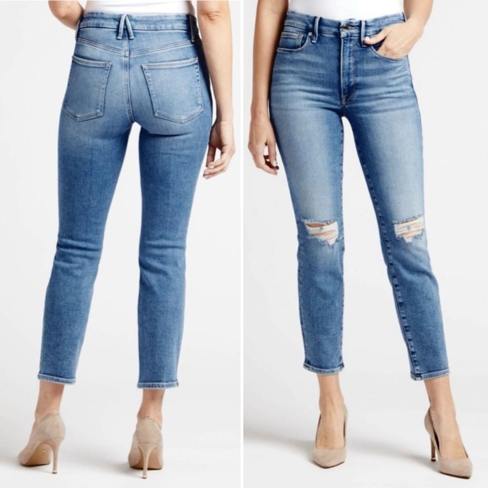 Good American Good Legs Cigarette Raw Hem Cropped Jeans Medium Wash Size 25 | 0